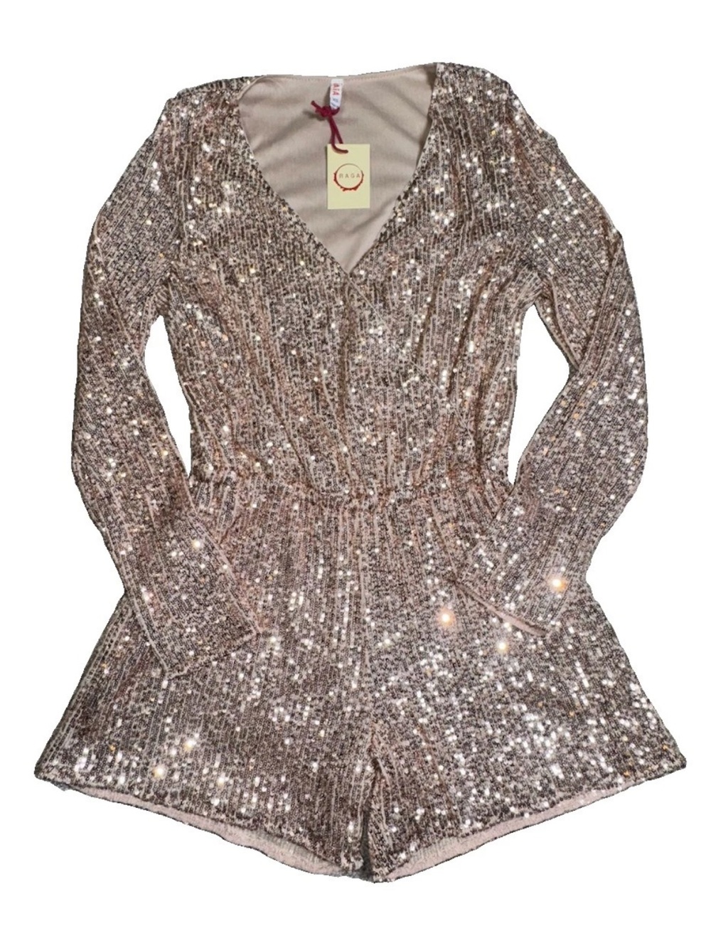 RAGA Anthropologie Alyce Rose Gold Sequin Romper XS NWT Long Sleeve Party